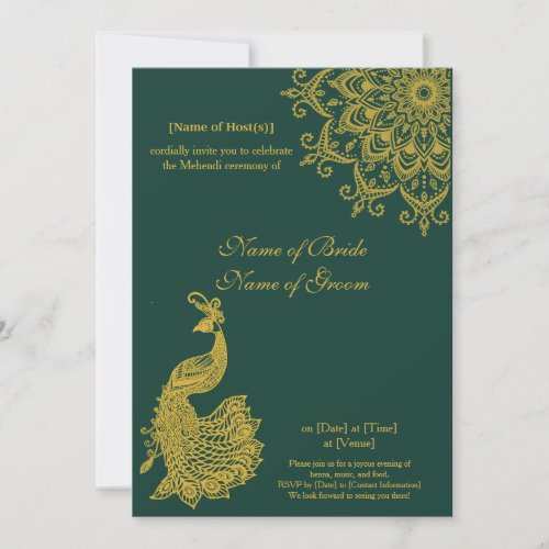 Customizable Metallic Gold Emerald Mehendi Indian Invitation