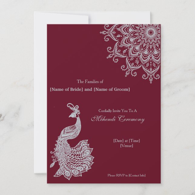 Customizable Metallic Silver Red Mehendi Indian Invitation (Front)