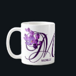 Customizable Michelle name purple flowers monogram Coffee Mug<br><div class="desc">This classy mug was created by Berglind Design.

© Berglind Design. All rights reserved.</div>