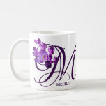 Customizable Michelle name purple flowers monogram Coffee Mug<br><div class="desc">This classy mug was created by Berglind Design.

© Berglind Design. All rights reserved.</div>