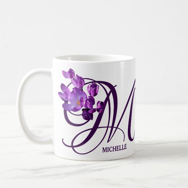 Customizable Michelle name purple flowers monogram Coffee Mug (Left)