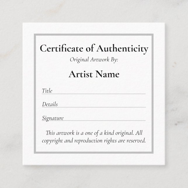 Customizable Mini Certificate of Authenticity Art (Front)