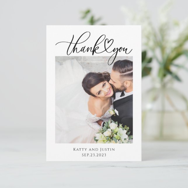 Customizable Minimalist Script Heart Wedding Photo Thank You Card (Standing Front)