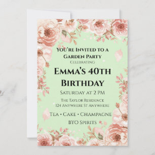 Customizable Mint Green & Pink Floral Garden Party Invitation