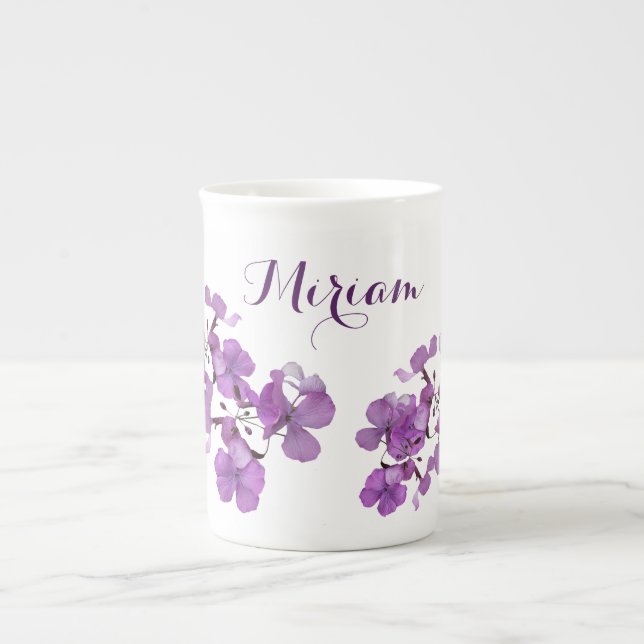 Customizable Miriam name monogram purple floral Bone China Mug (Front)