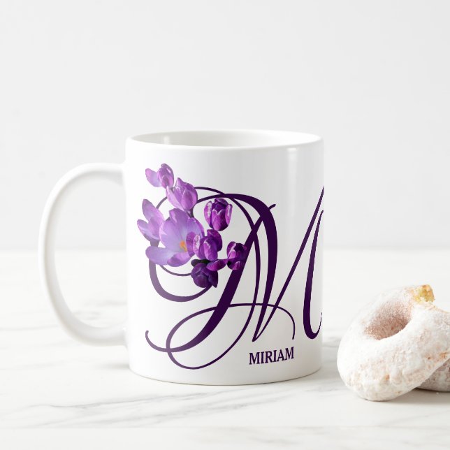 Customizable Miriam name purple flowers monogram Coffee Mug (With Donut)