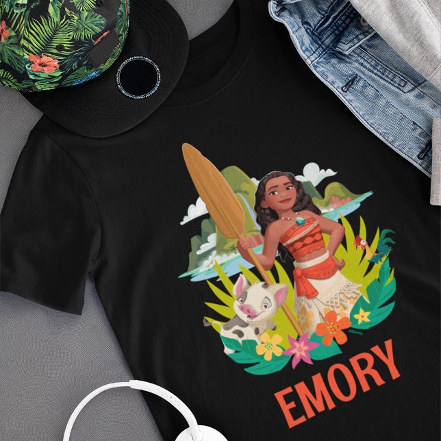 Customizable Moana, Pua, Hei Hei Floral Badge Tri-Blend Shirt (Shirt on table)