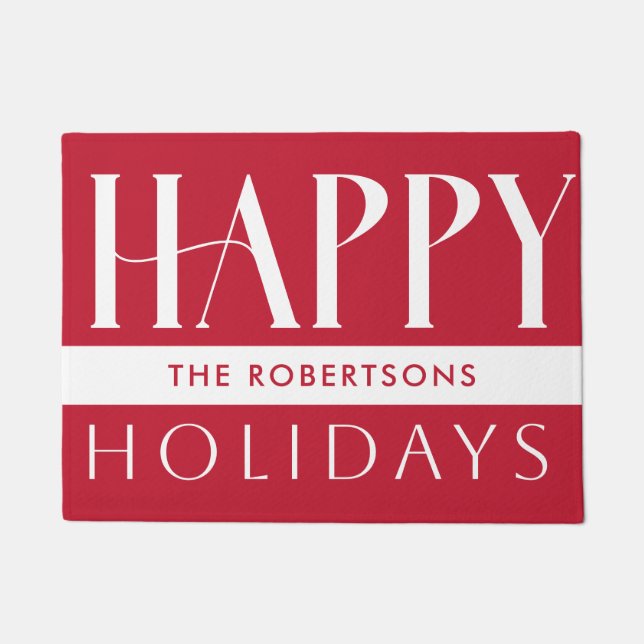 Customizable Modern Happy Holidays Red  Doormat (Front)