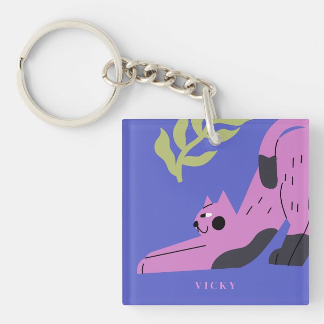 Customizable Modern Pink Kitty Cat Keychain (Front)