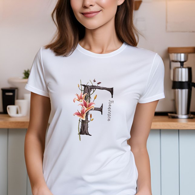 Customizable Monogram 'F': Lily, Tree Bark & Vines T-Shirt (Creator Uploaded)