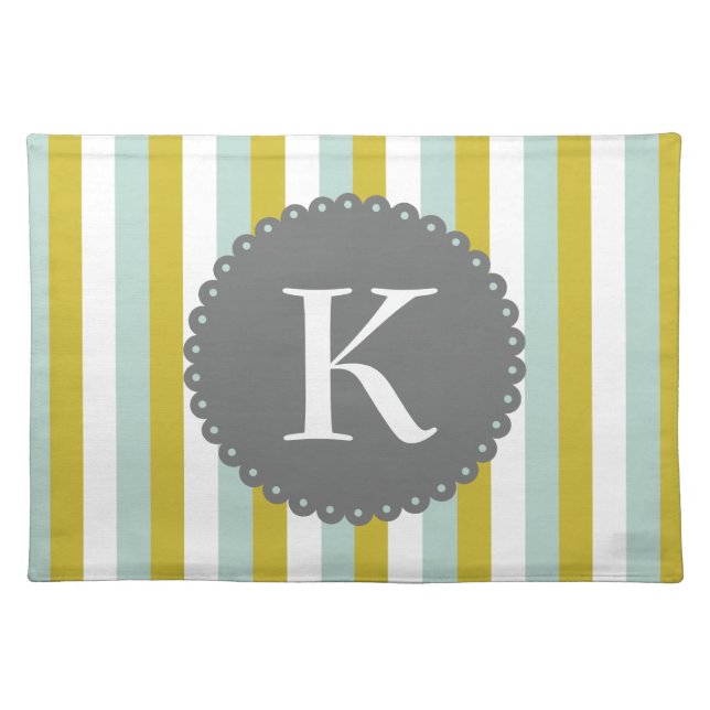 Customizable Monogram Mint Yellow White Stripes Cloth Placemat (Front)