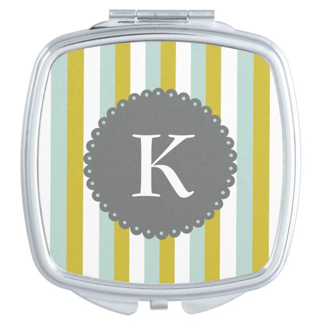 Customizable Monogram Mint Yellow White Stripes Compact Mirror (Front)