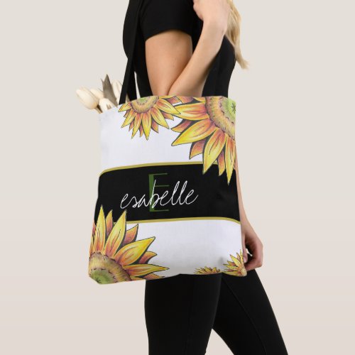 Customizable Monogram  Name Stylized Sunflower Tote Bag