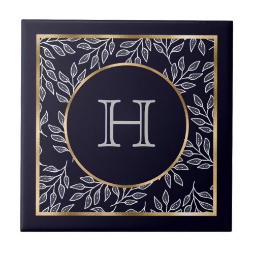 Customizable Monogram Navy Gold Ceramic Tile