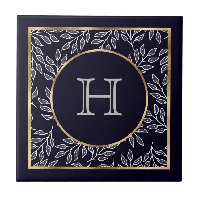 Customizable Monogram Navy Gold Ceramic Tile (Front)