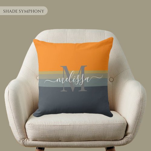 Customizable Monogram Orange Gray Blue Color Block Throw Pillow