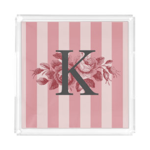 Customizable Monogram Pink Stripes & Cabbage Roses Acrylic Tray