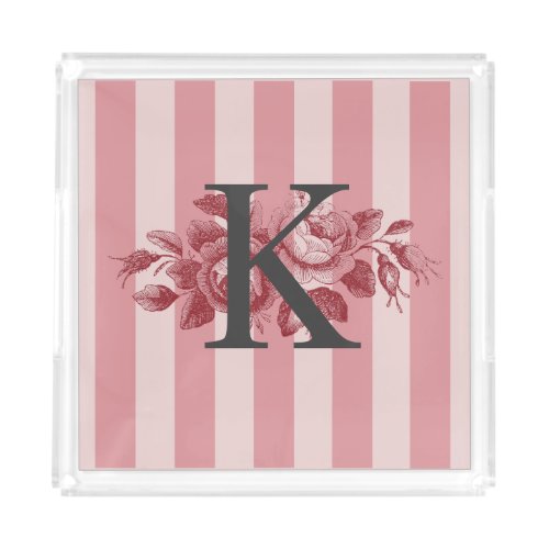 Customizable Monogram Pink Stripes  Cabbage Roses Acrylic Tray