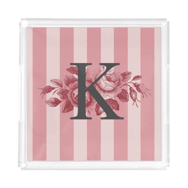 Customizable Monogram Pink Stripes & Cabbage Roses Acrylic Tray (Front)
