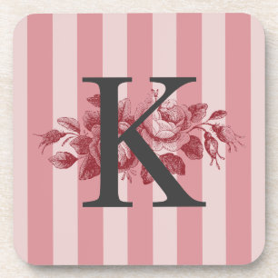 Customizable Monogram Pink Stripes Cabbage Roses Beverage Coaster