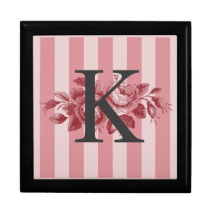 Customizable Monogram Pink Stripes Cabbage Roses Gift Box