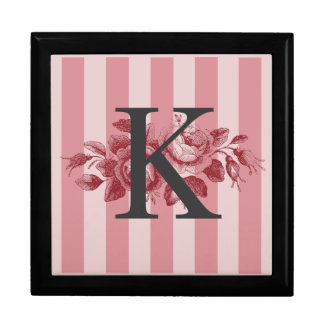 Customizable Monogram Pink Stripes Cabbage Roses Gift Box