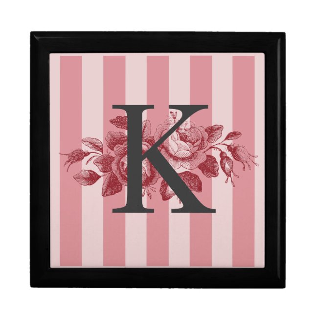 Customizable Monogram Pink Stripes Cabbage Roses Gift Box (Front)