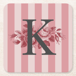 Customizable Monogram Pink Stripes Cabbage Roses Square Paper Coaster