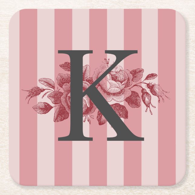 Customizable Monogram Pink Stripes Cabbage Roses Square Paper Coaster (Front)