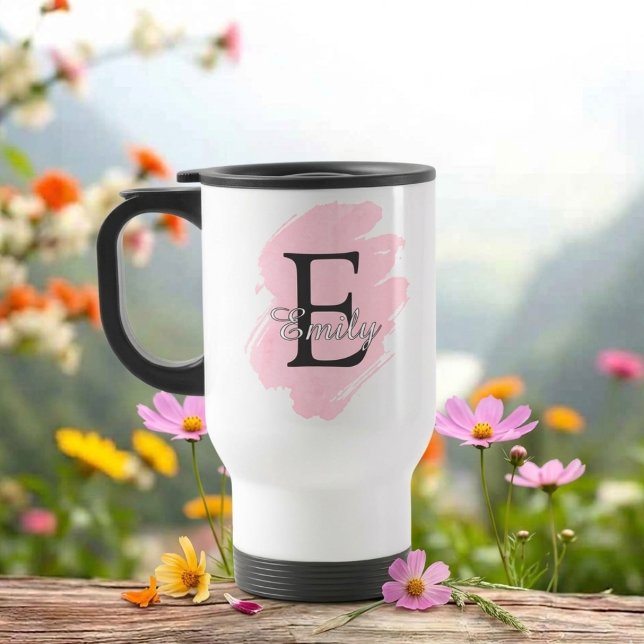 Customizable Monogram Travel Mug with Color Accent (Fully customizable paint stroke monogram travel mug)
