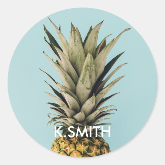 Customizable. Monogram. Tropical. Pineapple. Classic Round Sticker (Front)
