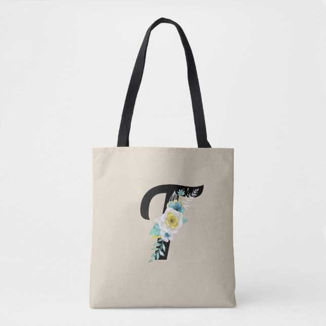 Customizable Monogram w/White & Aqua Floral on Tan Tote Bag (Front)