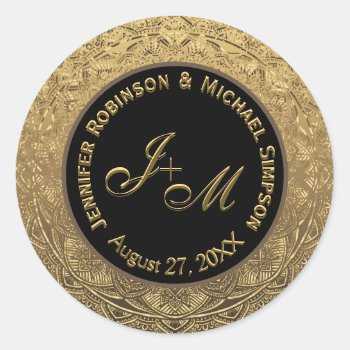Customizable Monogram Wedding Seal Gold And Black by GlitterInvitations at Zazzle