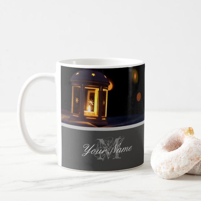 Customizable Monogram with golden christmas lights Coffee Mug (With Donut)