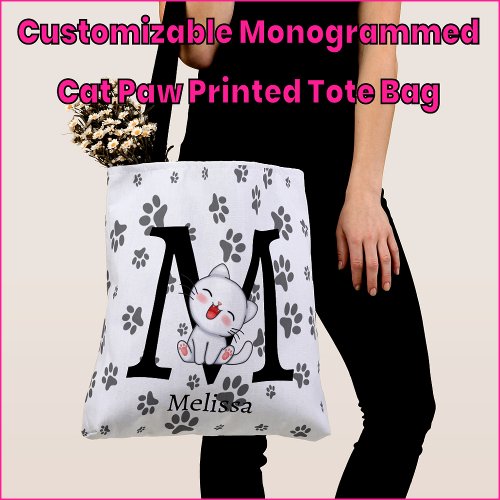 Customizable Monogrammed Cat Paw Printed Tote Bag