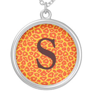 Customizable Monogrammed Orange Leopard Silver Plated Necklace