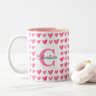 Customizable Monogrammed Watercolor Pink Hearts Two-Tone Coffee Mug