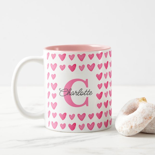 Customizable Monogrammed Watercolor Pink Hearts Two-Tone Coffee Mug (With Donut)