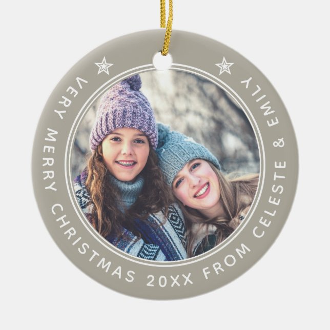 Customizable Mother Daughter Taupe Merry Christmas Ceramic Ornament (Front)