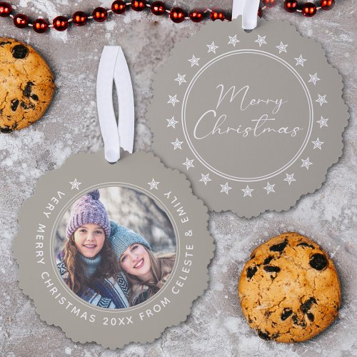Customizable Mother Daughter Taupe Merry Christmas Ornament Card