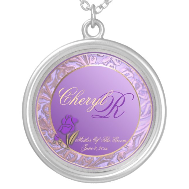 Customizable Mother Of The Groom Purple Keepsake Silver Plated Necklace (Front)