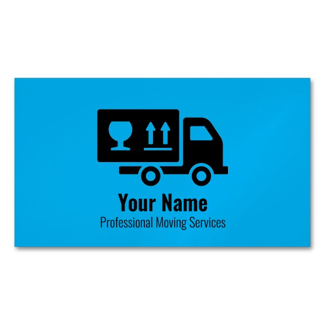 Customizable moving services truck blue business card magnet (Front)