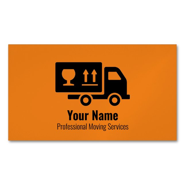 Customizable moving services truck orange business card magnet (Front)