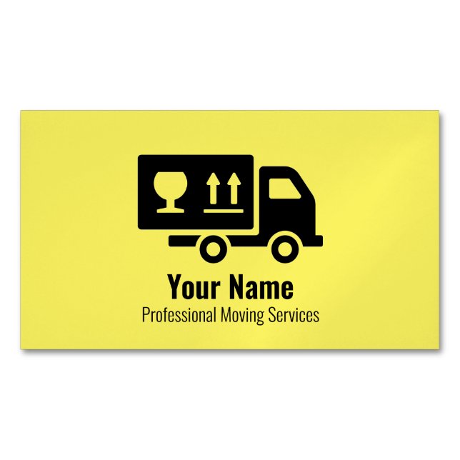 Customizable moving services truck yellow business card magnet (Front)