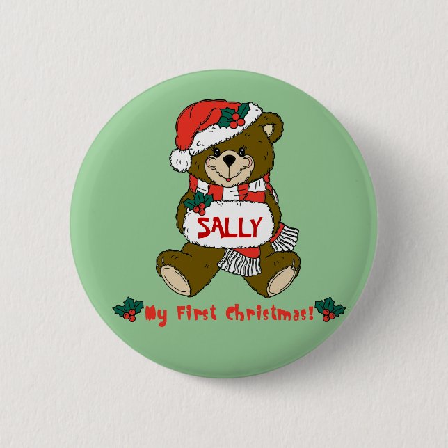 Customizable My First Christmas Teddy Bear Tee Button (Front)