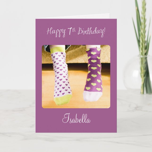 Customizable Name 7th Birthday Crazy Socks Card (Front)