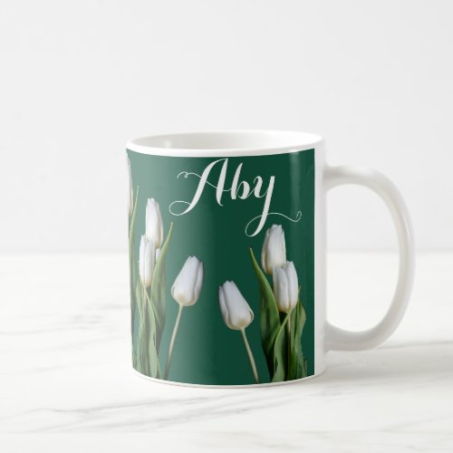 Customizable name Aby white tulip flowers green Coffee Mug