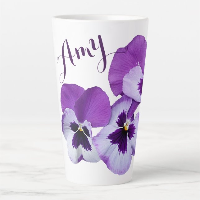 Customizable name Amy pretty purple pansy floral Latte Mug (Front)