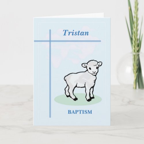 Customizable Name Baptism Blue Boy Lamb Card