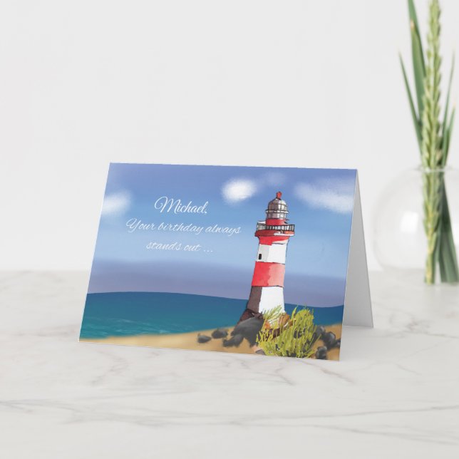 Customizable Name Birthday Coastal Lighthouse Card (Front)